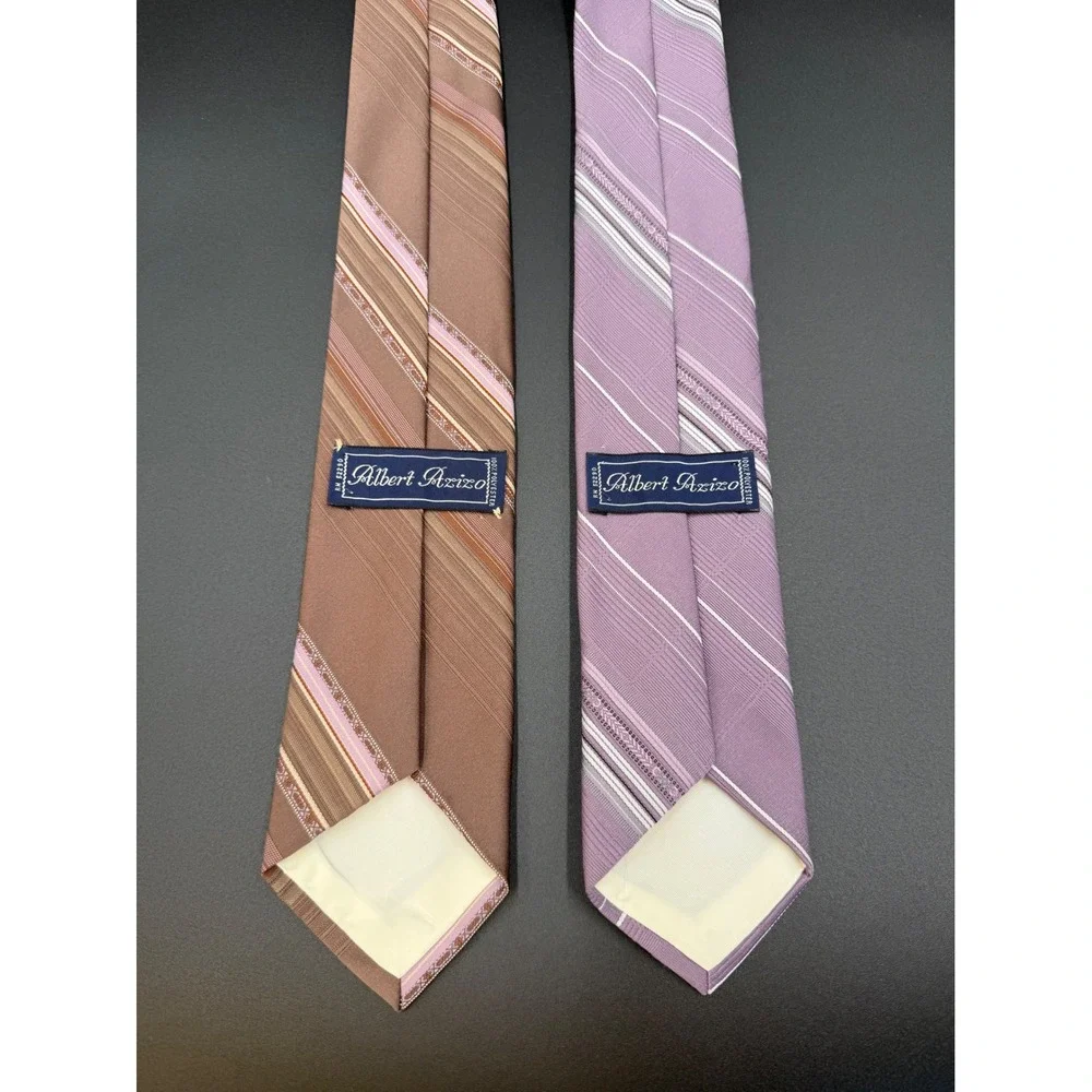 Albert Azizo Mens Necktie Set 2 Vintage Striped Brown Lavender‎ Purple Polyester